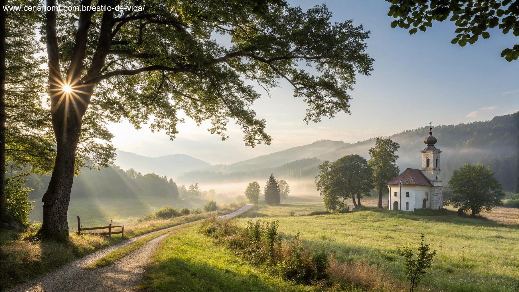 Imagem de uma manhã tranquila de domingo com luz suave do sol em um campo sereno, representando paz e reflexão espiritual