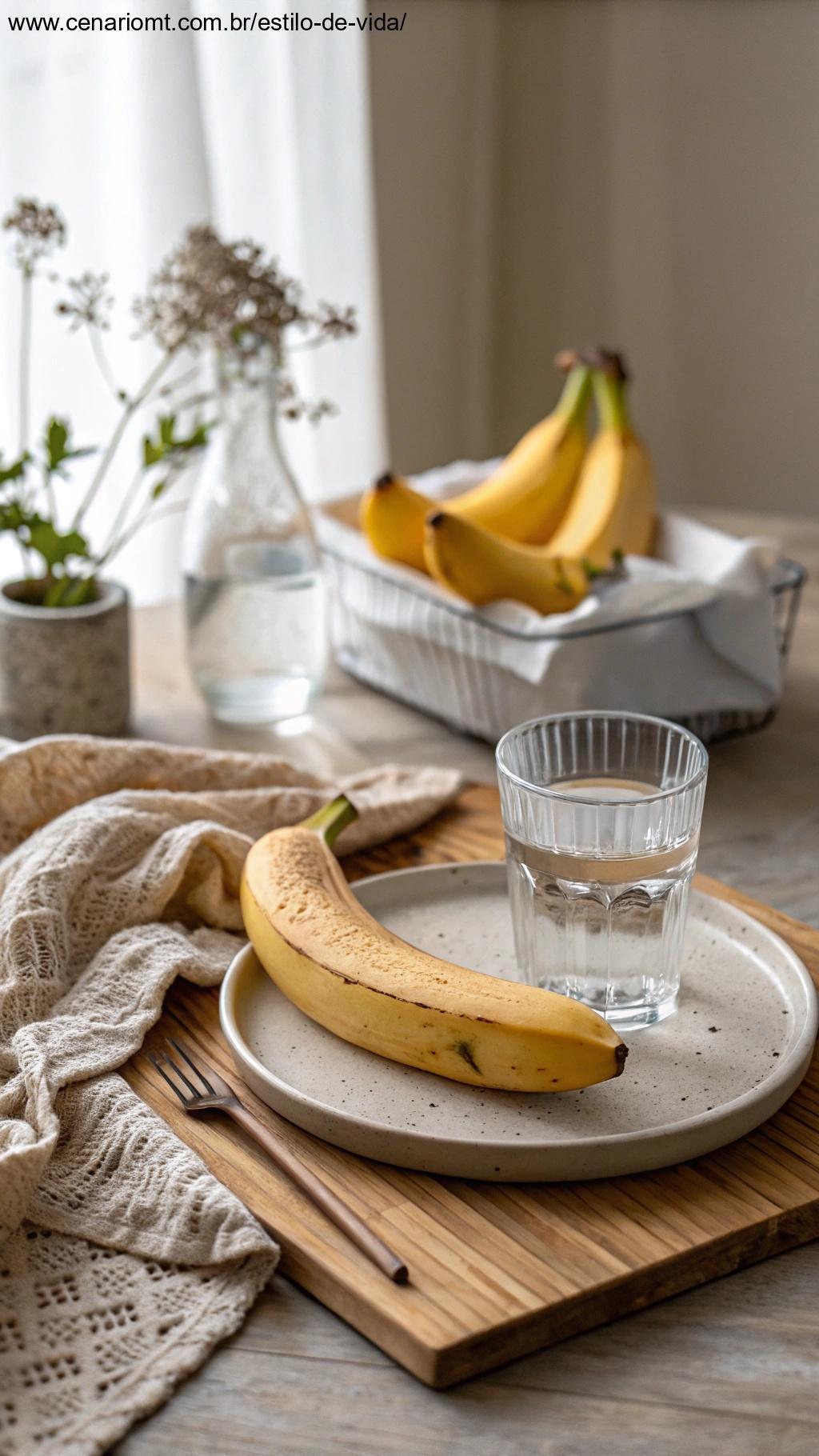 Banana em um prato ao lado de um copo de água, representando boa digestão.