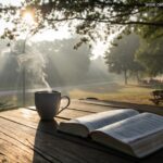 Imagem de um amanhecer tranquilo com uma xícara de café e uma Bíblia aberta sobre a mesa.