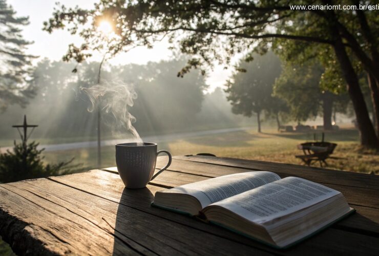 Imagem de um amanhecer tranquilo com uma xícara de café e uma Bíblia aberta sobre a mesa.