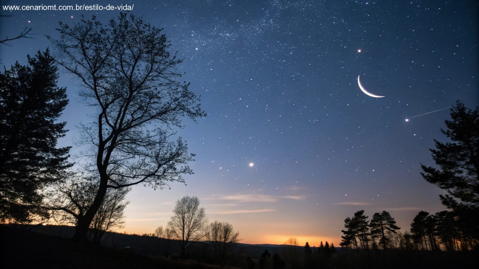Céu noturno sereno com estrelas e uma lua crescente, simbolizando uma noite de terça-feira tranquila em 14 de janeiro de 2025