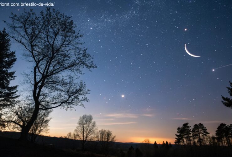 Céu noturno sereno com estrelas e uma lua crescente, simbolizando uma noite de terça-feira tranquila em 14 de janeiro de 2025