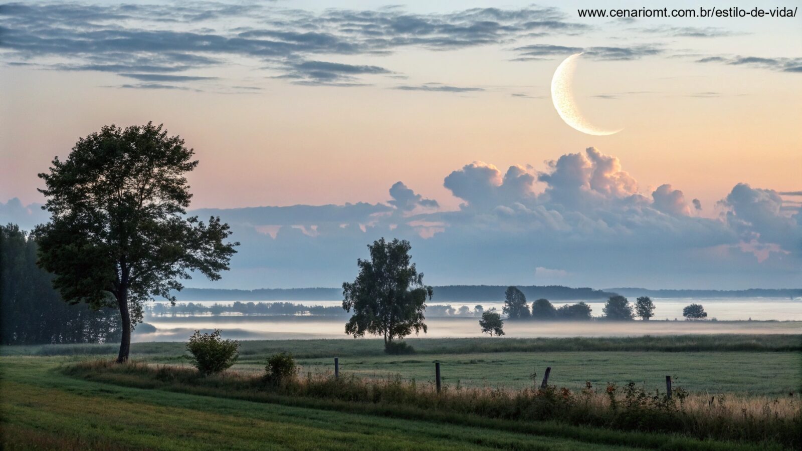 Cena matinal serena com uma lua minguante no céu, cercada por nuvens suaves e uma paisagem tranquila abaixo, simbolizando as atividades recomendadas para a fase da lua minguante.