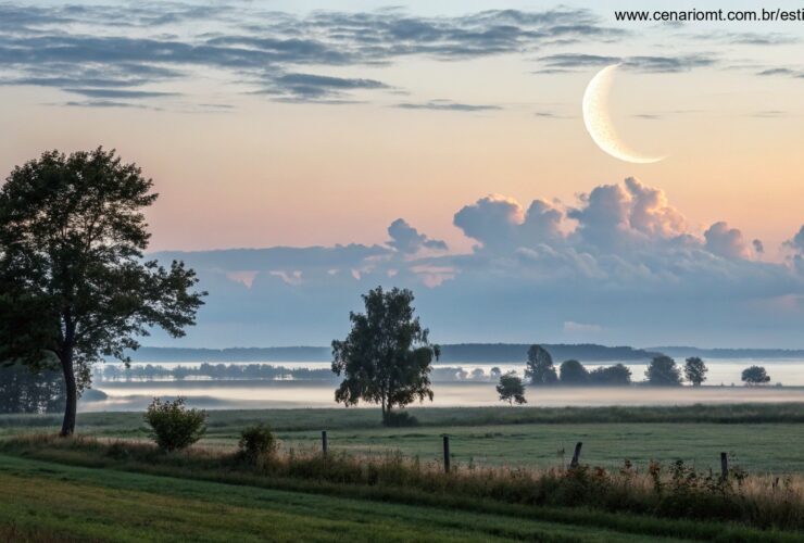 Cena matinal serena com uma lua minguante no céu, cercada por nuvens suaves e uma paisagem tranquila abaixo, simbolizando as atividades recomendadas para a fase da lua minguante.