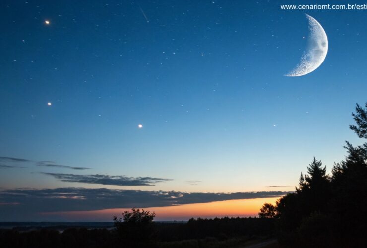 Céu de manhã com uma Lua Minguante cercada por estrelas fracas, transmitindo paz e fascínio.