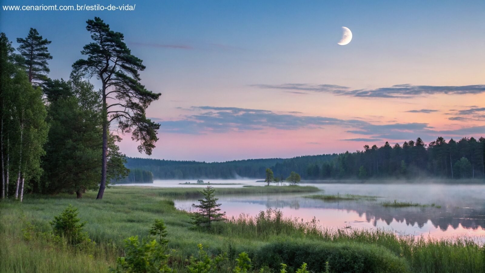 Paisagem serena de manhã com uma lua minguante no céu, simbolizando a influência da lua minguante no dia a dia