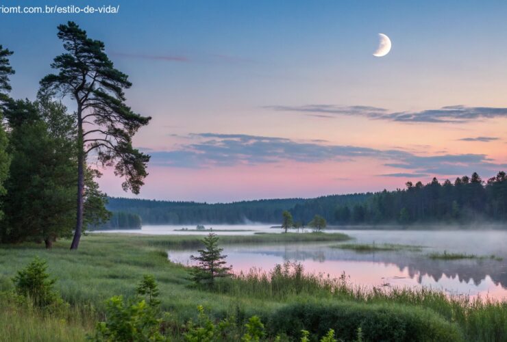 Paisagem serena de manhã com uma lua minguante no céu, simbolizando a influência da lua minguante no dia a dia
