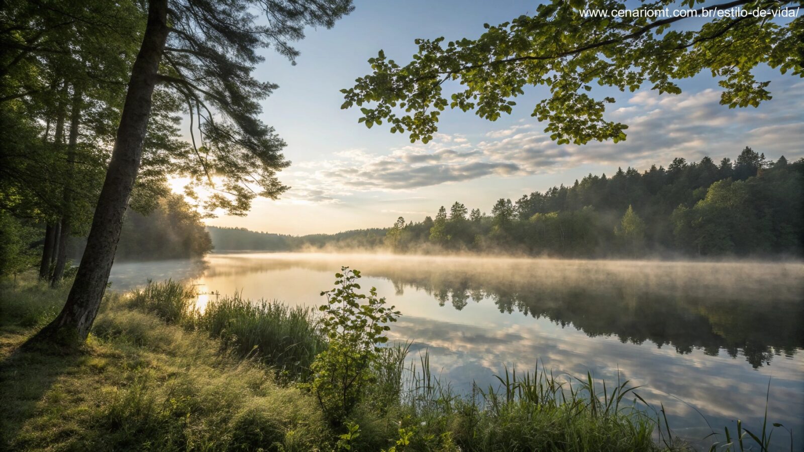 Cena tranquila de manhã com luz suave do sol filtrando pelas árvores, um lago calmo refletindo o céu e uma leve neblina subindo, transmitindo paz e inspiração para uma manhã de quinta-feira.