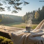 Cena tranquila de manhã com luz suave do sol filtrando pelas árvores, um cobertor aconchegante em um banco de madeira e uma xícara de café fumegante, transmitindo carinho e inspiração para uma quinta-feira.