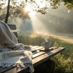 Cena serena de manhã com luz suave do sol filtrando pelas árvores, um cobertor aconchegante em um banco de madeira e uma xícara de café fumegante, transmitindo calor e inspiração para uma manhã de quarta-feira.