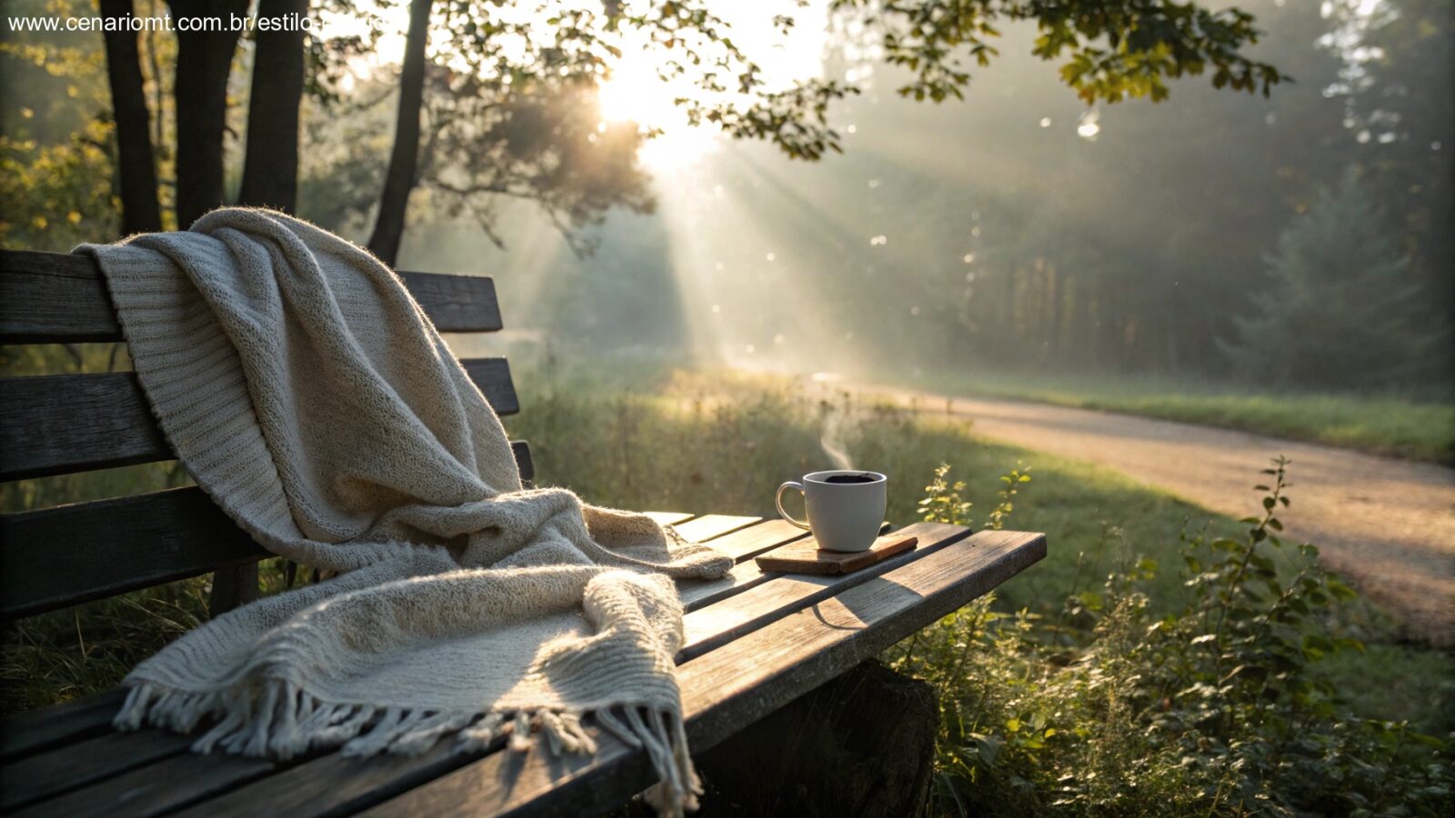 Cena serena de manhã com luz suave do sol filtrando pelas árvores, um cobertor aconchegante em um banco de madeira e uma xícara de café fumegante, transmitindo calor e inspiração para uma manhã de quarta-feira.