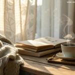 Imagem de um domingo tranquilo com luz suave, cobertor aconchegante e xícara de café fumegante.