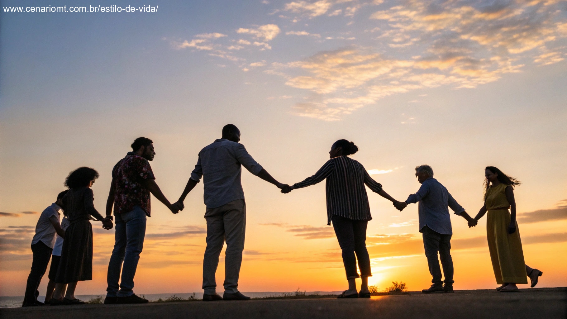 Um grupo de pessoas de mãos dadas em um círculo, orando juntas sob um pôr do sol dourado, simbolizando o compartilhamento da fé.