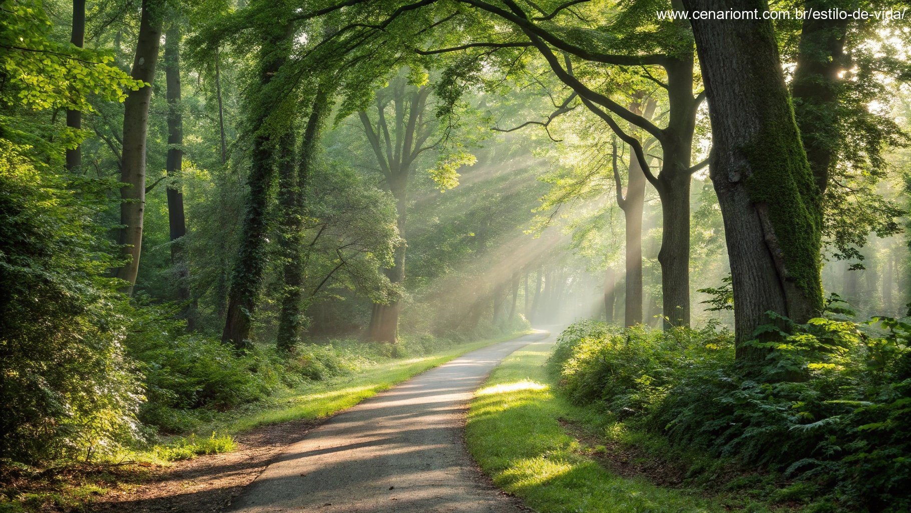 Um caminho através de uma floresta exuberante com a luz do sol atravessando as árvores, simbolizando confiança na orientação de Deus.