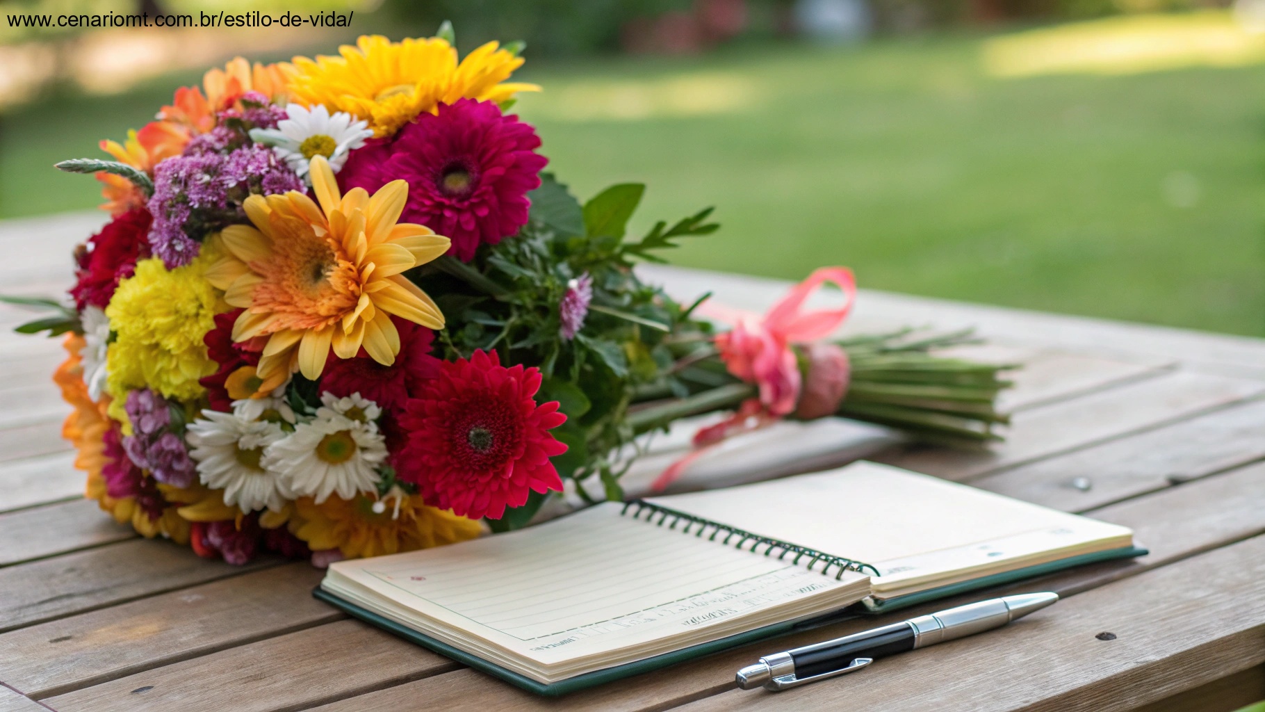 Uma manhã de quarta-feira vibrante com um buquê colorido de flores, um caderno e uma caneta, representando um começo de dia especial e reflexivo.