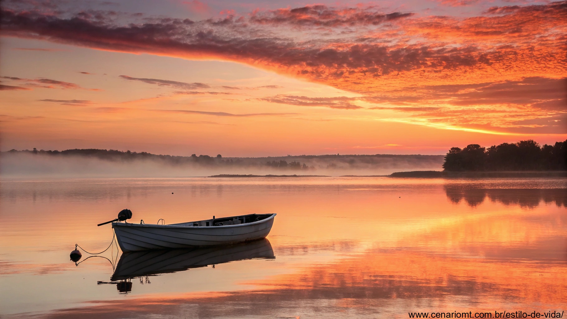 Nascer do sol vibrante sobre um lago calmo, com um barco a remo na água, representando uma manhã especial de quarta-feira, 22 de janeiro de 2025.