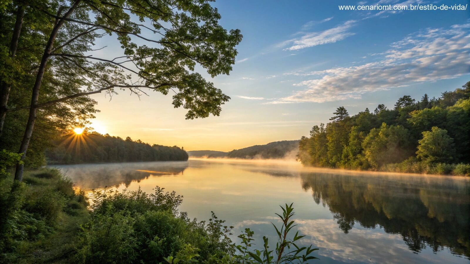 Nascer do sol sereno sobre um lago calmo com luz dourada refletindo na água, cercado por árvores verdes e um céu azul claro, transmitindo paz e inspiração para uma manhã abençoada.
