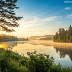 Um nascer do sol sereno sobre um lago calmo, com luz dourada refletindo na água, cercado por árvores verdes exuberantes e um céu azul claro, evocando uma sensação de paz e inspiração para uma segunda-feira abençoada.
