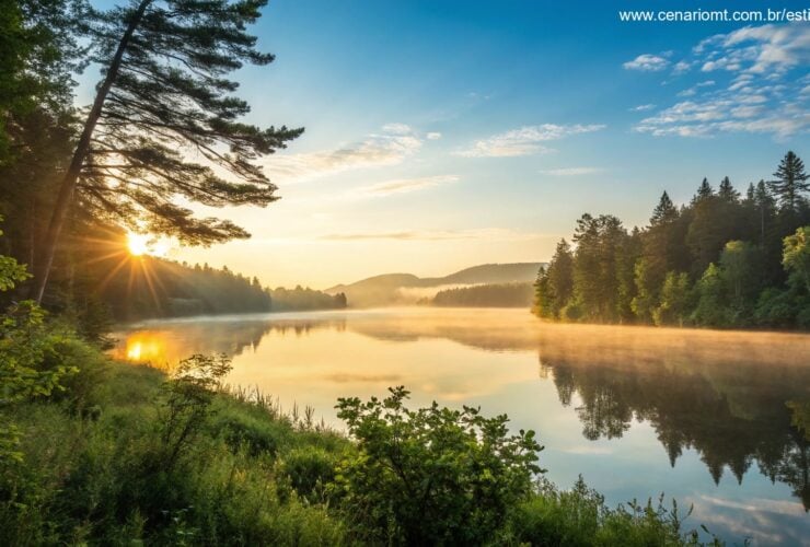 Um nascer do sol sereno sobre um lago calmo, com luz dourada refletindo na água, cercado por árvores verdes exuberantes e um céu azul claro, evocando uma sensação de paz e inspiração para uma segunda-feira abençoada.