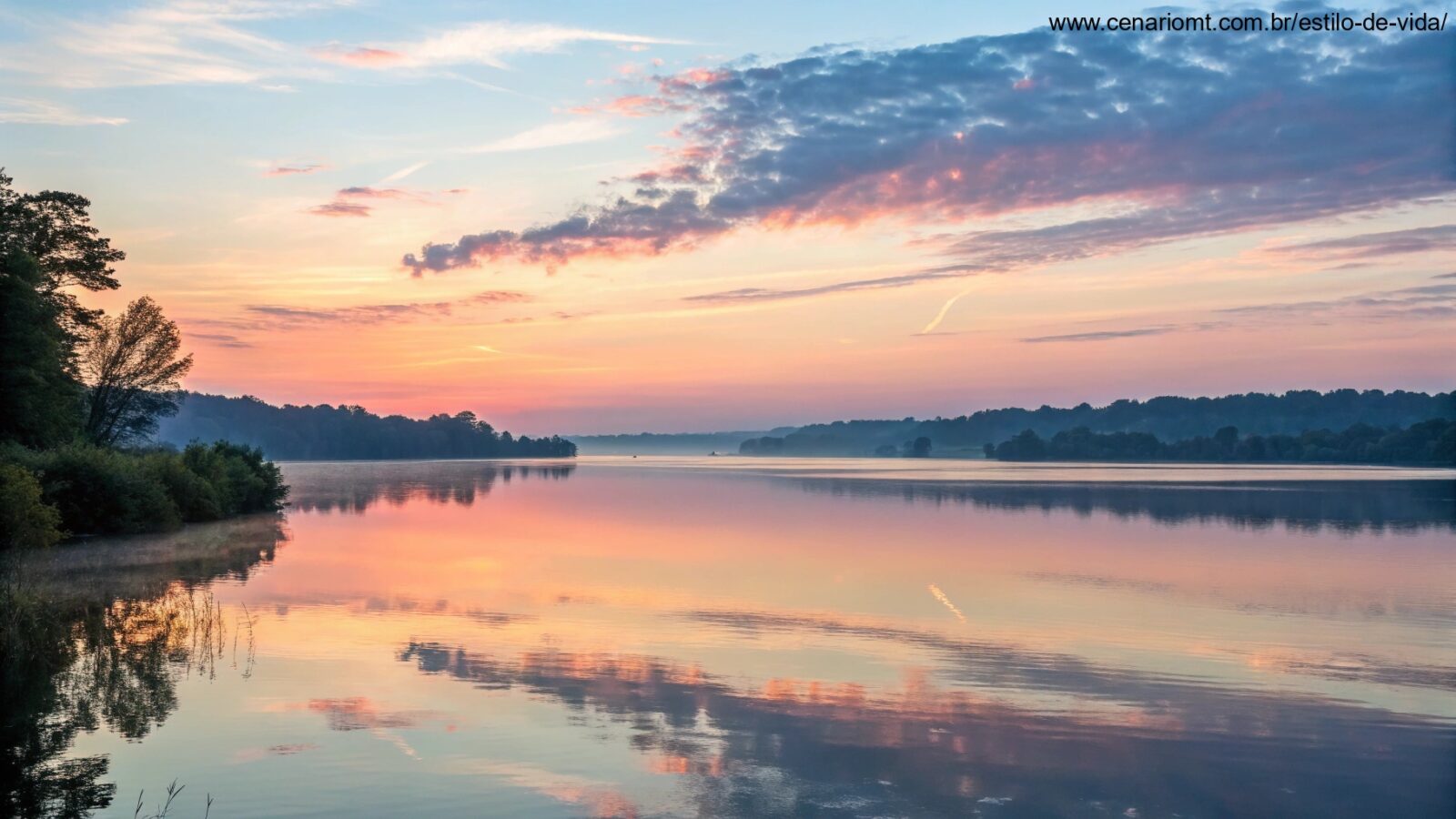 Nascer do sol sereno sobre um lago calmo com cores pastéis suaves
