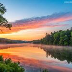 Nascer do sol sereno sobre um lago calmo com tons vibrantes de laranja e rosa refletindo na água, cercado por árvores verdes exuberantes e um céu azul claro, evocando inspiração e energia para uma manhã de sexta-feira.