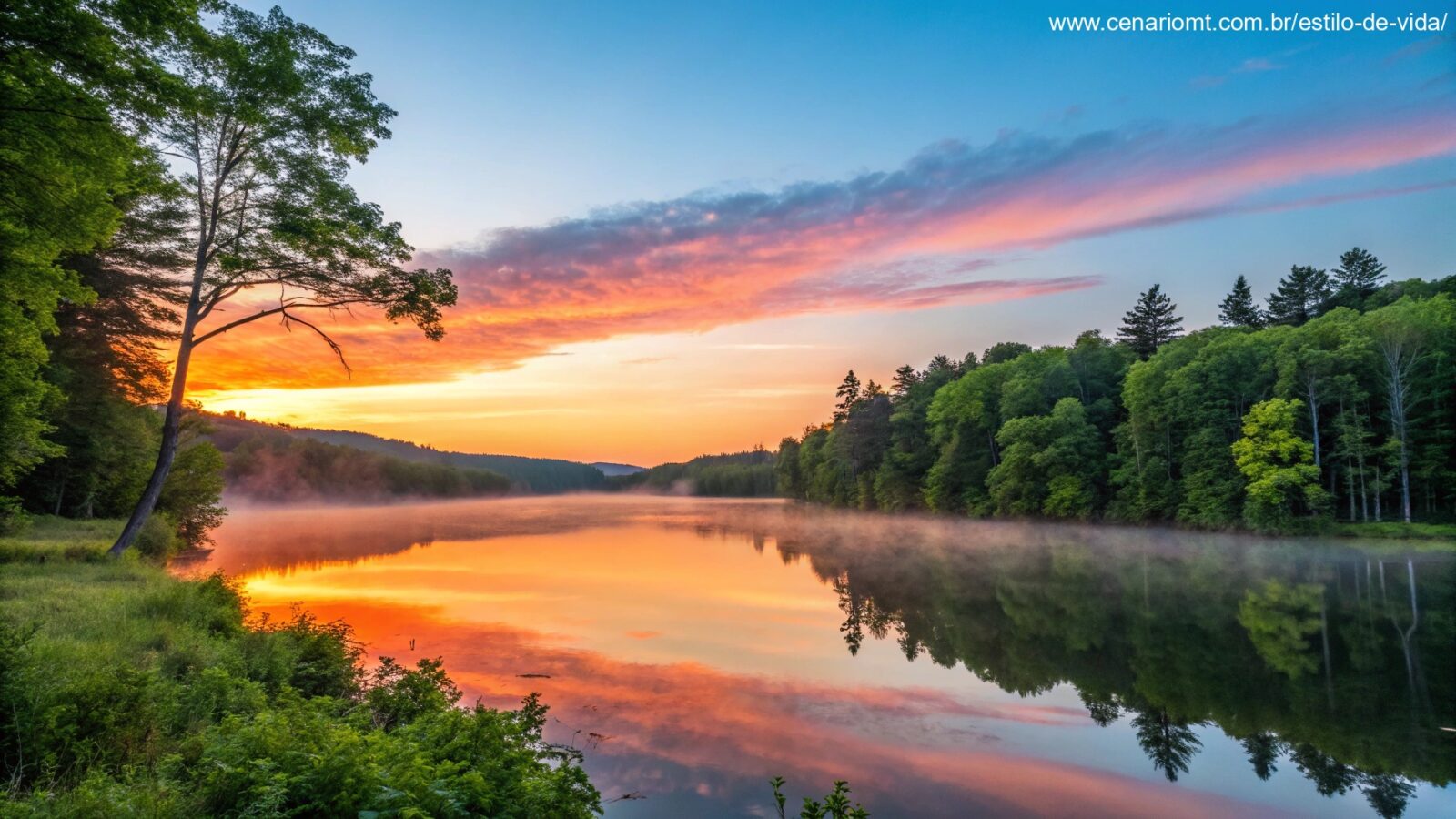 Nascer do sol sereno sobre um lago calmo com tons vibrantes de laranja e rosa refletindo na água, cercado por árvores verdes exuberantes e um céu azul claro, evocando inspiração e energia para uma manhã de sexta-feira.