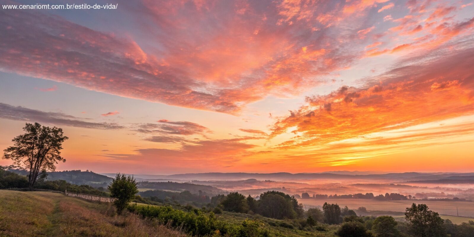 Um nascer do sol vibrante sobre uma paisagem serena com o texto 'Bom Dia: Inspiração e Energia para Começar o Dia com Alegria'