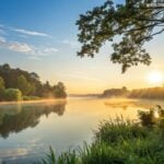 Nascer do sol sereno sobre um lago calmo com luz dourada refletindo na água, cercado por árvores verdes e um céu azul claro, transmitindo inspiração e energia para uma manhã de quarta-feira.