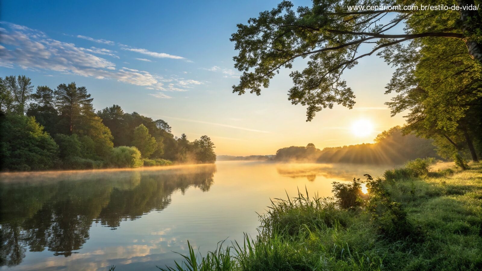 Nascer do sol sereno sobre um lago calmo com luz dourada refletindo na água, cercado por árvores verdes e um céu azul claro, transmitindo inspiração e energia para uma manhã de quarta-feira.