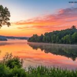 Nascer do sol sereno sobre um lago calmo com tons vibrantes de laranja e rosa refletindo na água, cercado por árvores verdes e um céu claro, evocando inspiração e energia para o dia.