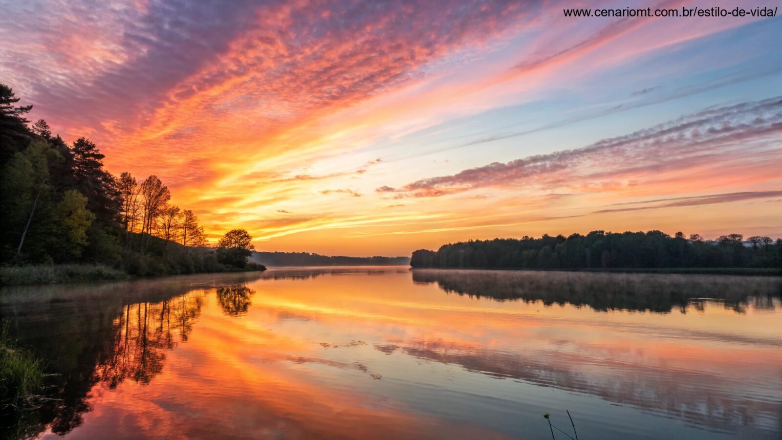 Nascer do sol sereno sobre um lago calmo com cores vibrantes refletindo na água, simbolizando inspiração e energia para uma nova segunda-feira.