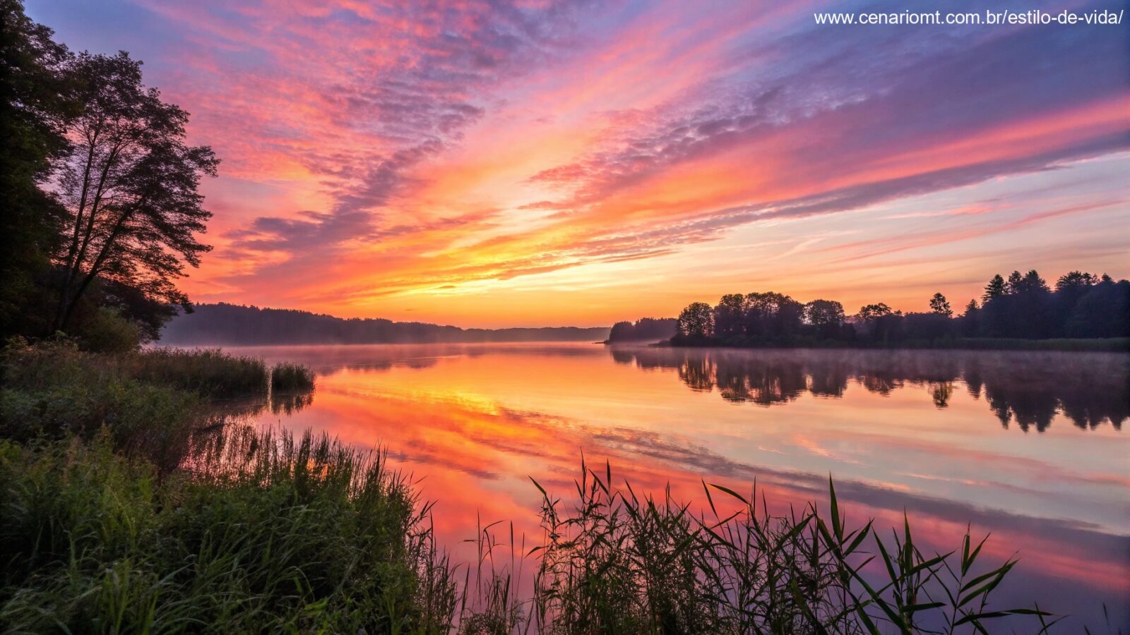 Nascer do sol sereno sobre um lago calmo com cores vibrantes refletindo na água, simbolizando inspiração e energia positiva para a manhã de sábado.