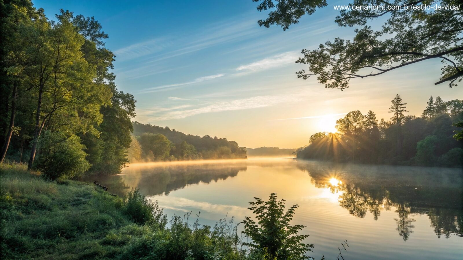 Nascer do sol sereno sobre um lago calmo com luz dourada refletindo na água, cercado por árvores verdes e um céu azul claro, transmitindo inspiração e positividade para uma manhã de quinta-feira.