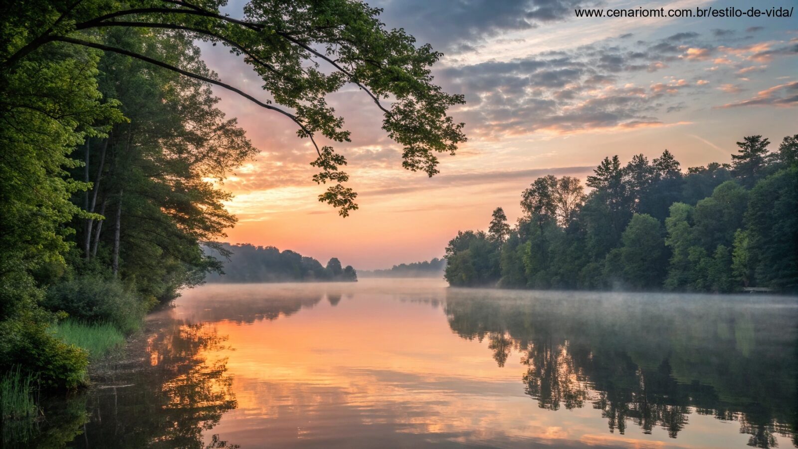 Nascer do sol sereno sobre um lago calmo com luz suave refletindo na água, cercado por árvores verdes e exuberantes, criando uma atmosfera tranquila para um domingo especial.