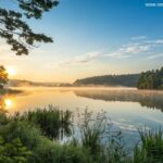 Nascer do sol sereno sobre um lago calmo com reflexos suaves, cercado por vegetação exuberante e um céu azul claro, evocando uma sensação de paz e inspiração para um domingo especial.
