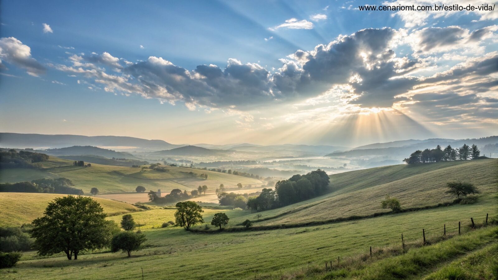 Paisagem serena de manhã com luz do sol suave atravessando as nuvens, simbolizando esperança e inspiração divina para um novo dia.