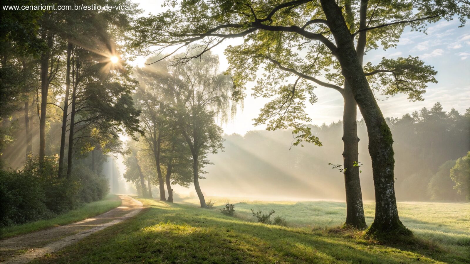 Paisagem serena de manhã com luz suave do sol filtrando pelas árvores e um rio calmo refletindo o céu.