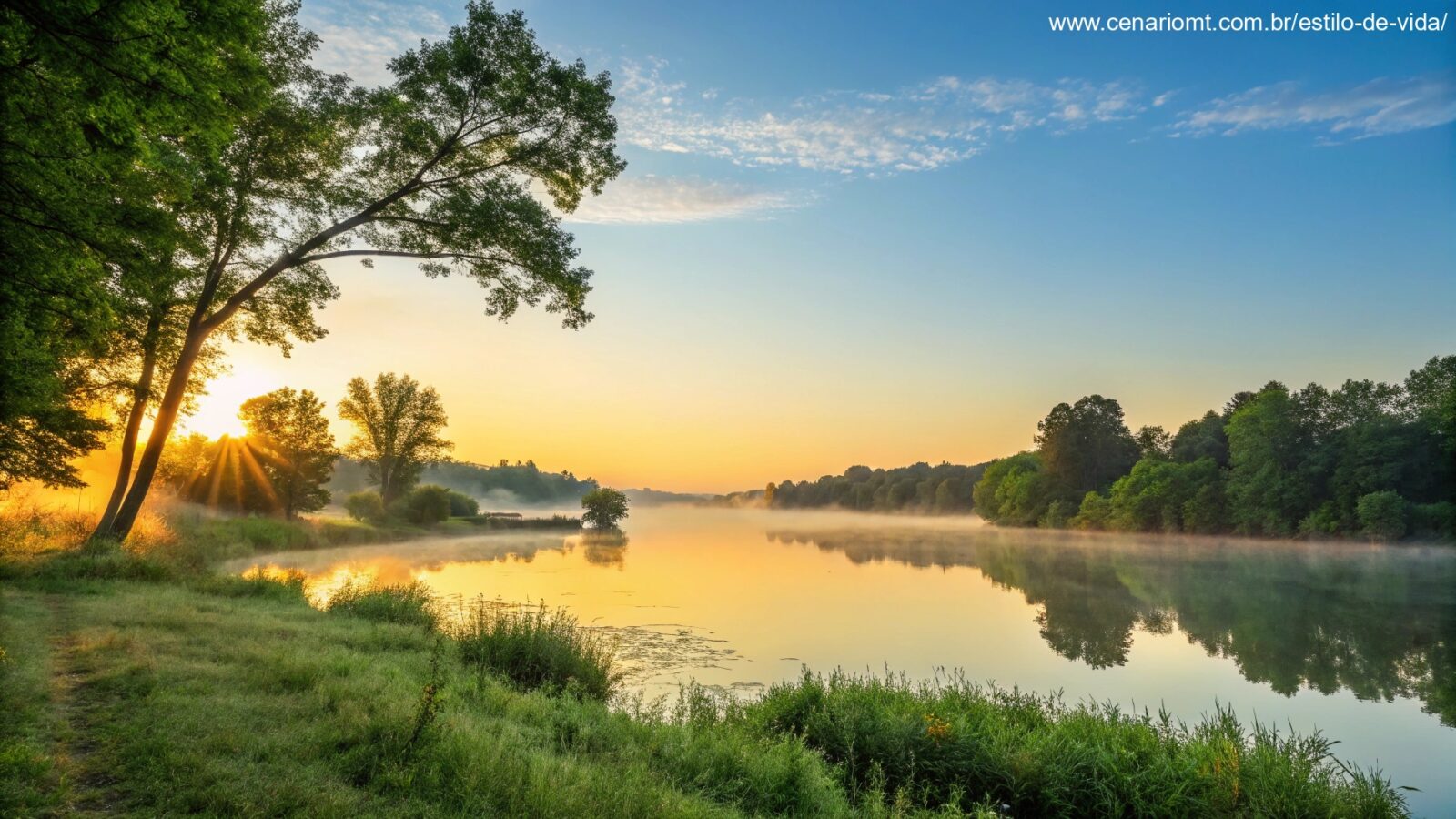 Paisagem serena de manhã com um nascer do sol dourado sobre um lago calmo, cercado por árvores verdes e um céu azul claro, evocando paz e inspiração divina.
