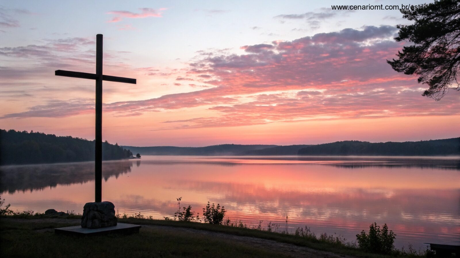 Nascer do sol sereno sobre um lago calmo com uma silhueta de uma cruz em primeiro plano, simbolizando esperança e fé para um novo dia.