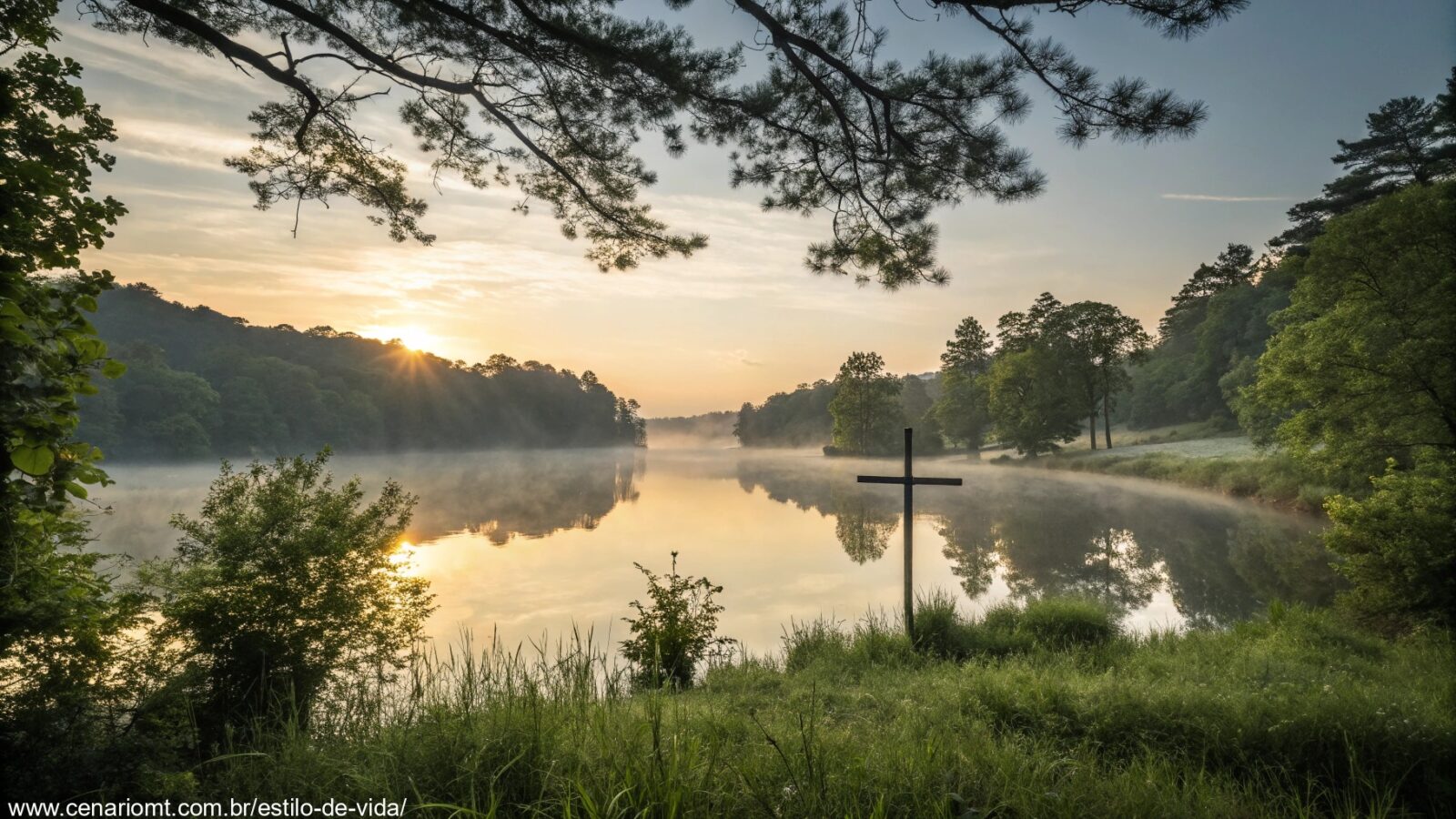 Nascer do sol sereno sobre um lago calmo com uma cruz refletida na água, cercado por vegetação exuberante e luz suave filtrando pelas árvores, evocando paz e inspiração espiritual.