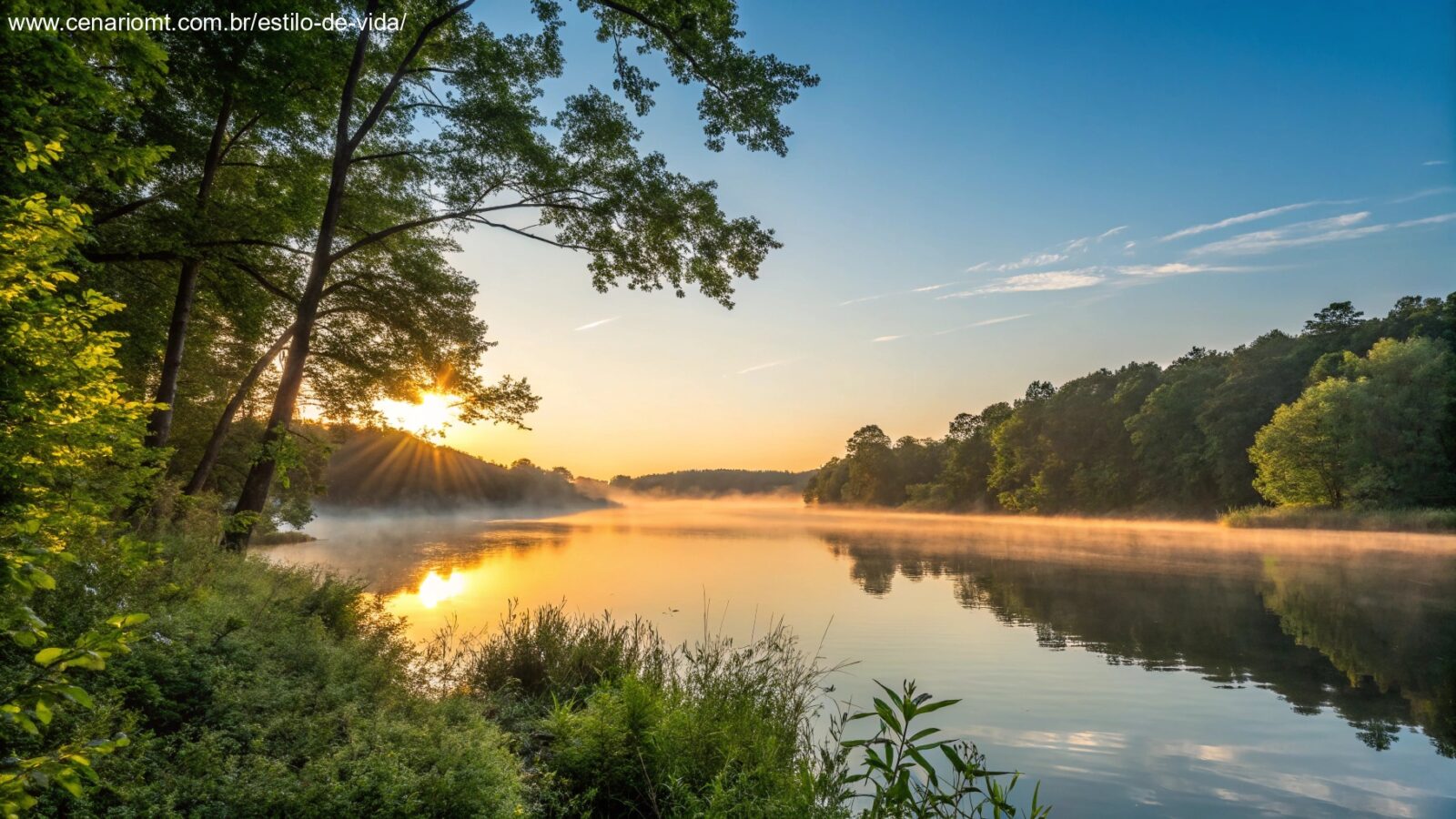 Nascer do sol sereno sobre um lago calmo com luz dourada refletindo na água, cercado por árvores verdes e um céu azul claro, evocando paz e inspiração para uma terça-feira positiva.