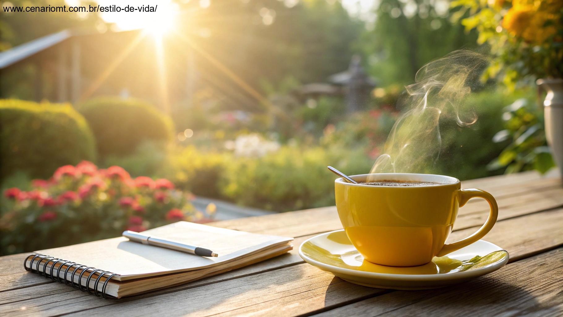 Cena matinal vibrante com uma xícara de café fumegante sobre uma mesa de madeira, um caderno e uma vista de um jardim ensolarado, representando uma mensagem de bom dia perfeita para o domingo.