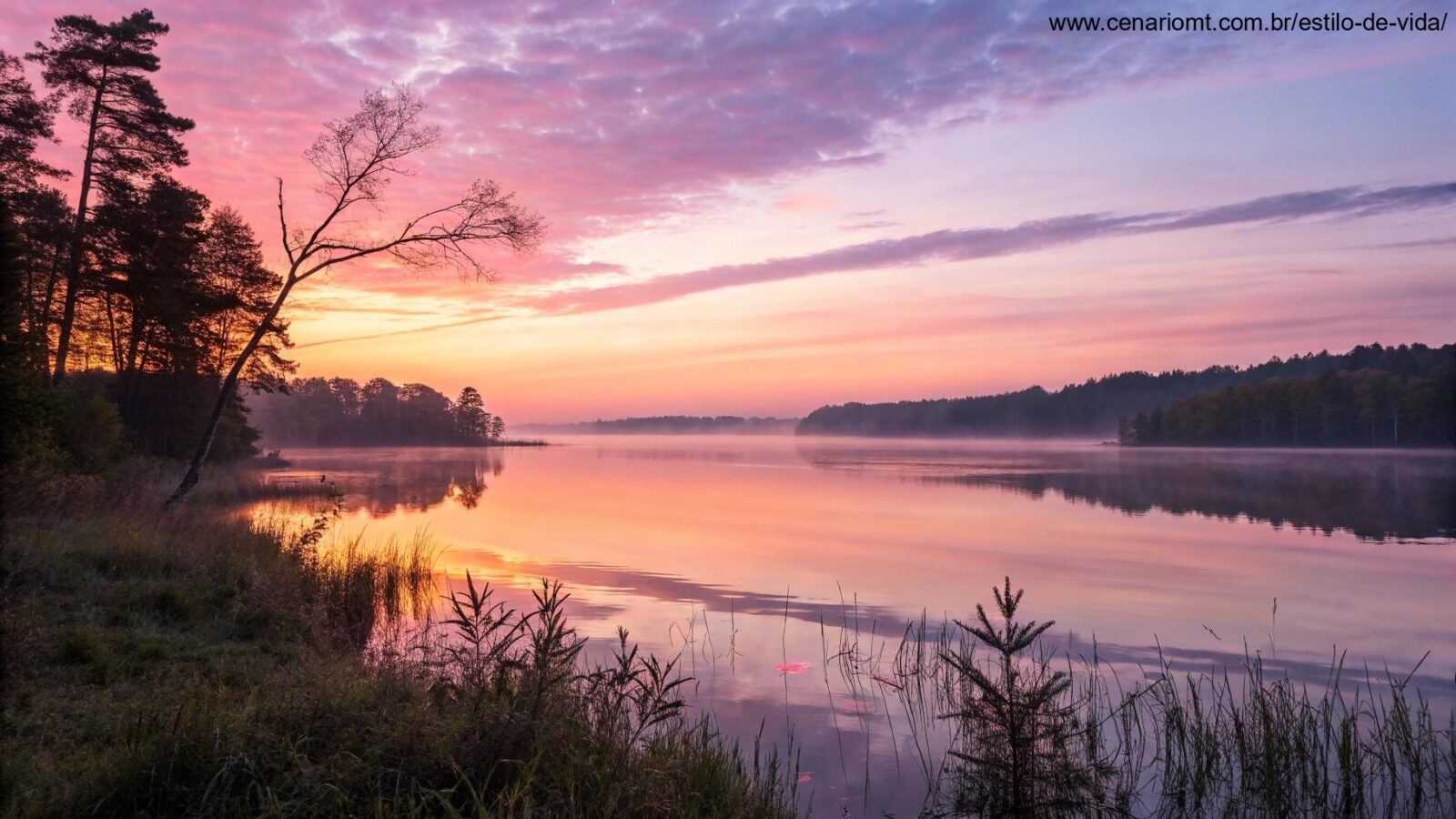Um nascer do sol sereno sobre um lago calmo com cores pastéis suaves, simbolizando uma manhã de sexta-feira pacífica e inspiradora em 17 de janeiro de 2025.