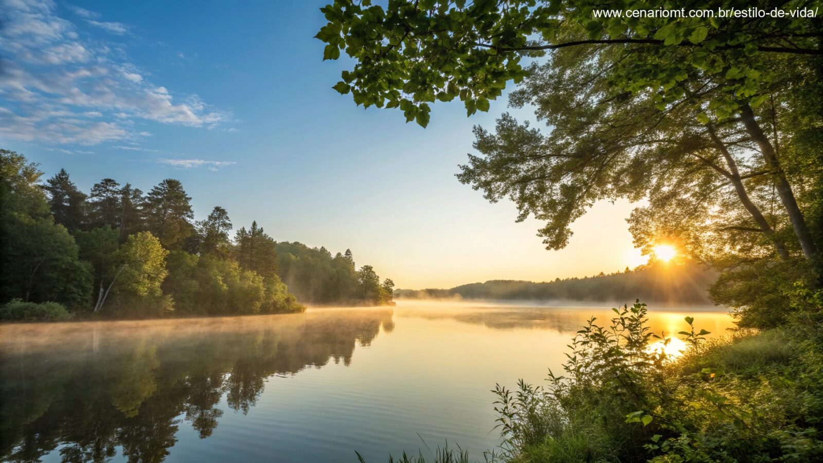 Um nascer do sol sereno sobre um lago calmo, com luz dourada refletindo na água, cercado por árvores verdes e um céu azul claro, transmitindo carinho e positividade.