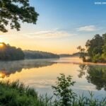 Nascer do sol sereno sobre um lago calmo com luz dourada refletindo na água, cercado por árvores verdes e um céu azul claro, evocando uma sensação de paz e bênção para uma sexta-feira de manhã.