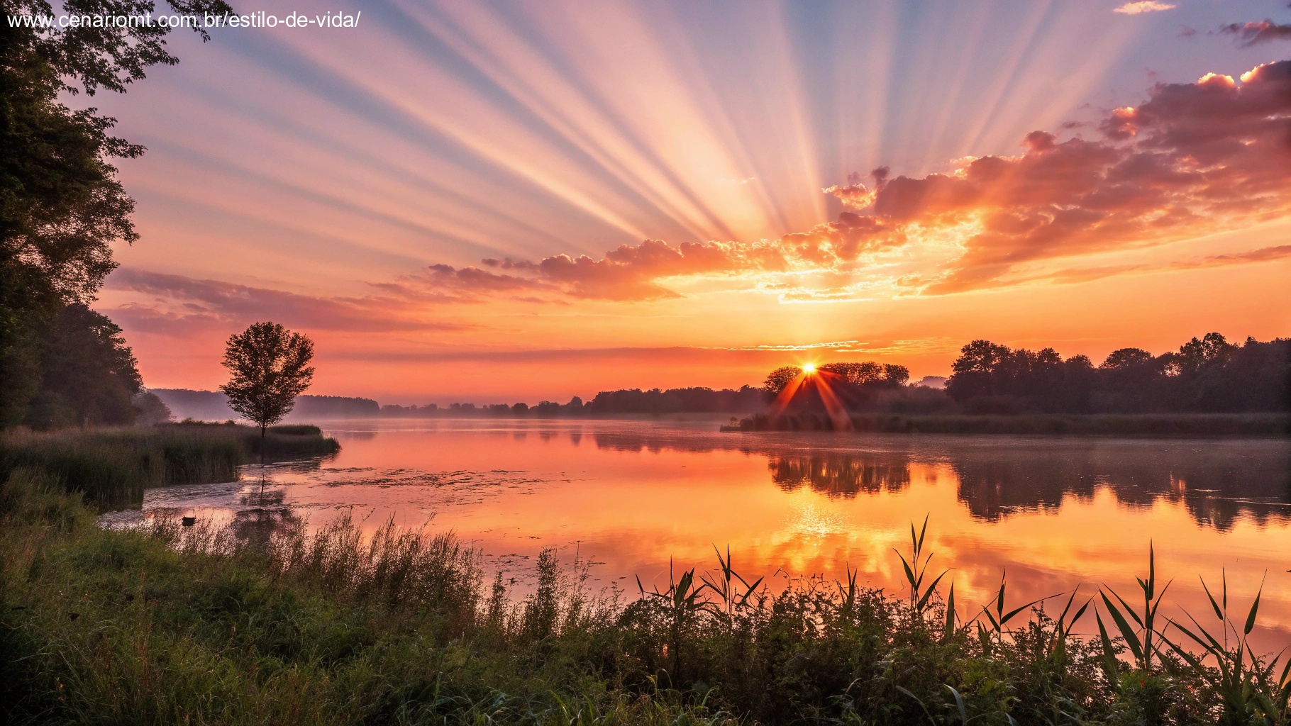 Um nascer do sol vibrante sobre um lago calmo, com raios de luz se espalhando pela água, oferecendo encorajamento e positividade para o dia que está por vir.