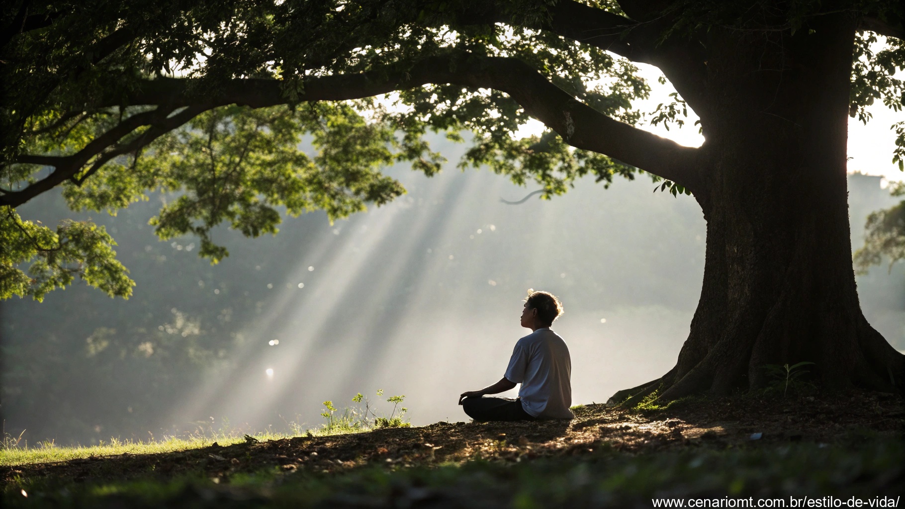 Uma pessoa meditando sob uma árvore, com um feixe de luz brilhando, simbolizando a mensagem principal do Salmo.