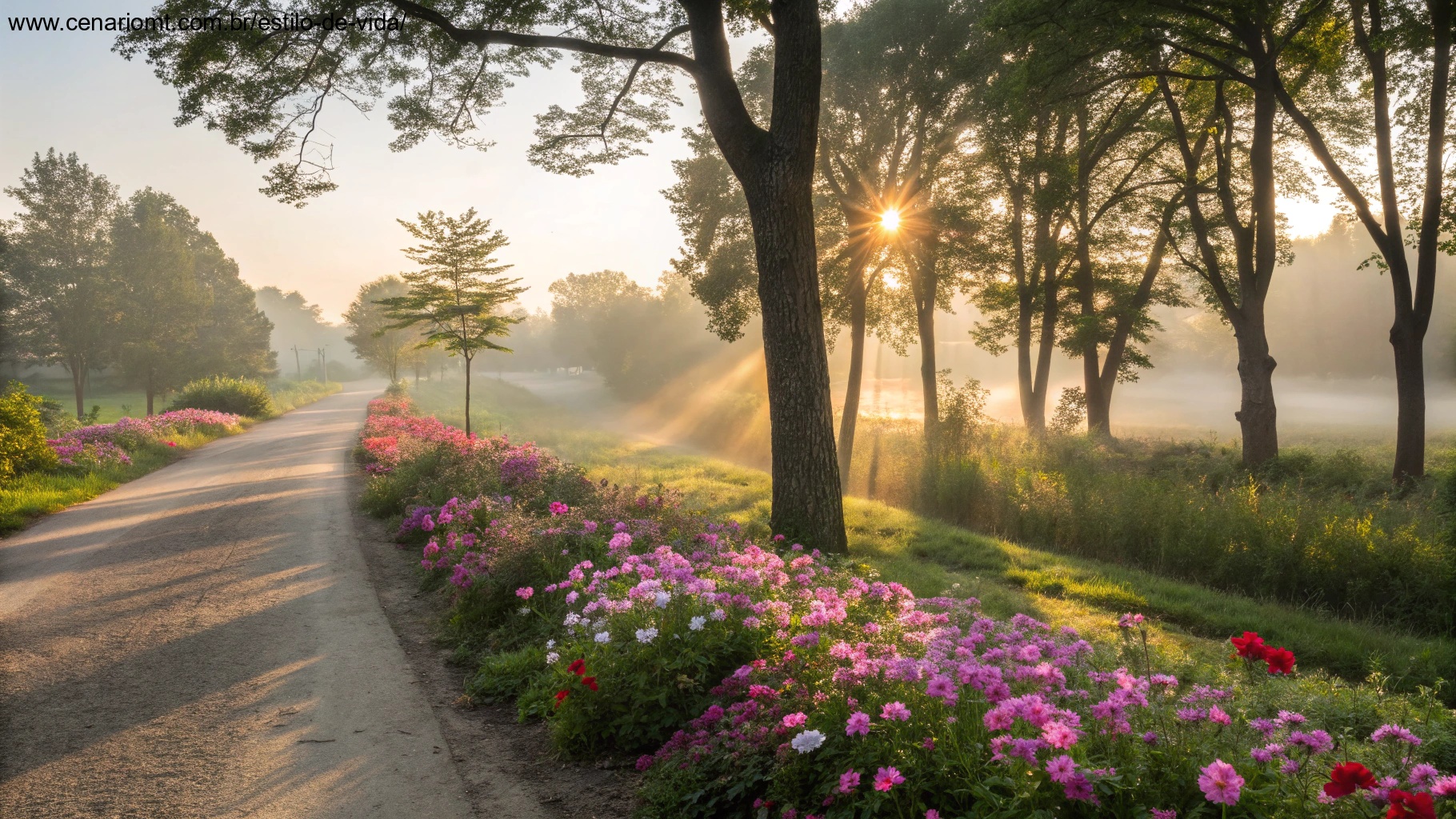 Coleção de cenas matinais tranquilas e inspiradoras, incluindo flores, luz do sol e natureza, representando mensagens de bom dia abençoado para um sábado.