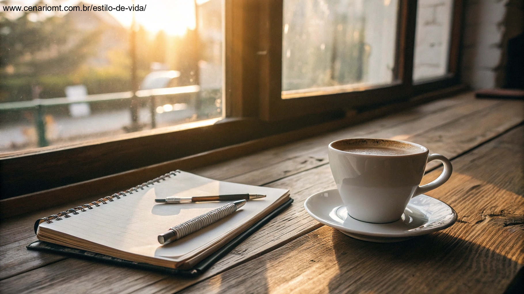 Xícara de café em uma mesa de madeira com caderno e caneta, iluminada pela luz do sol.