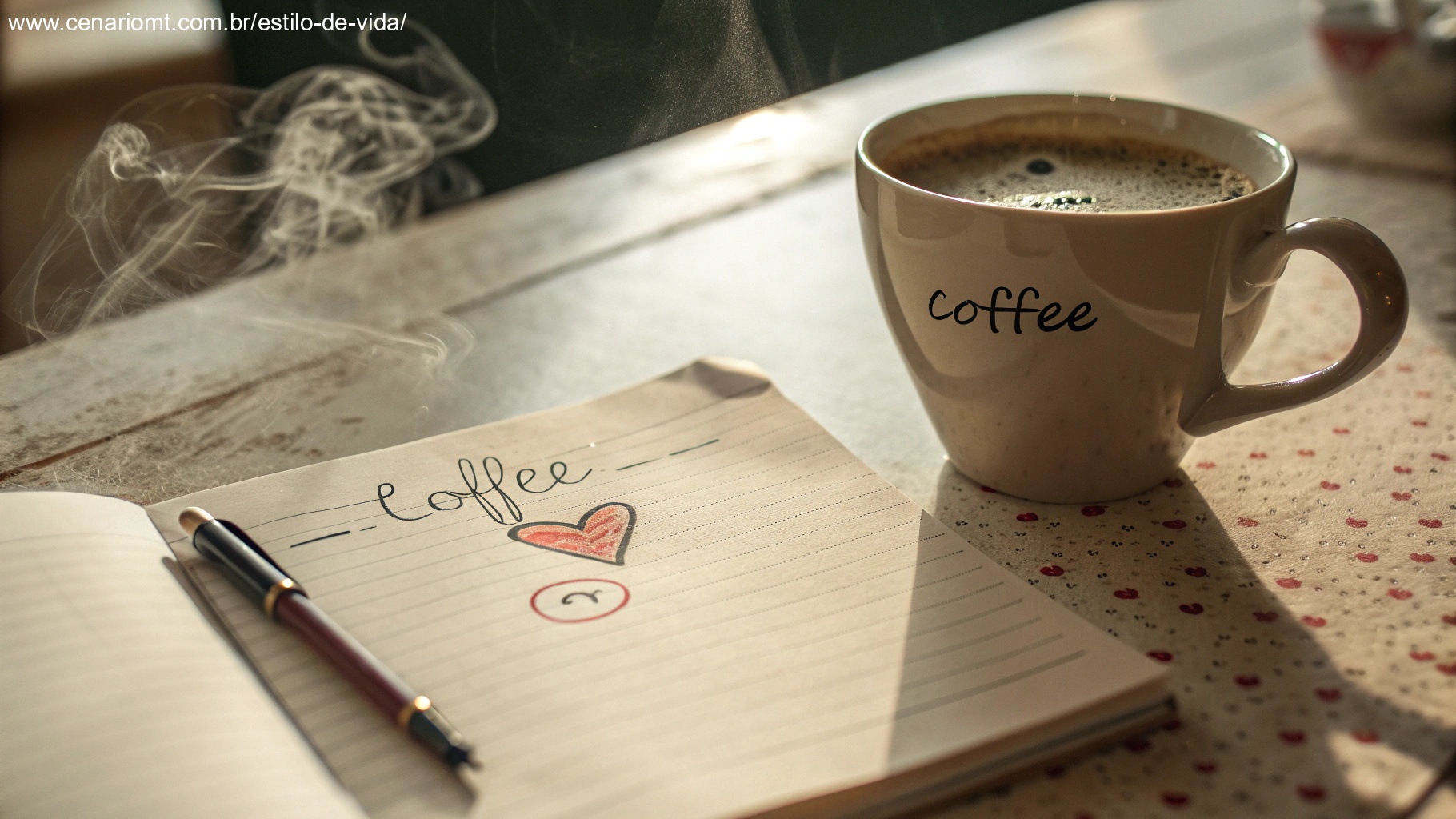 Uma cena aconchegante de uma xícara de café ao lado de um bilhete escrito à mão com um coração, evocando calor e carinho para uma manhã de sexta-feira em 17 de janeiro de 2025.